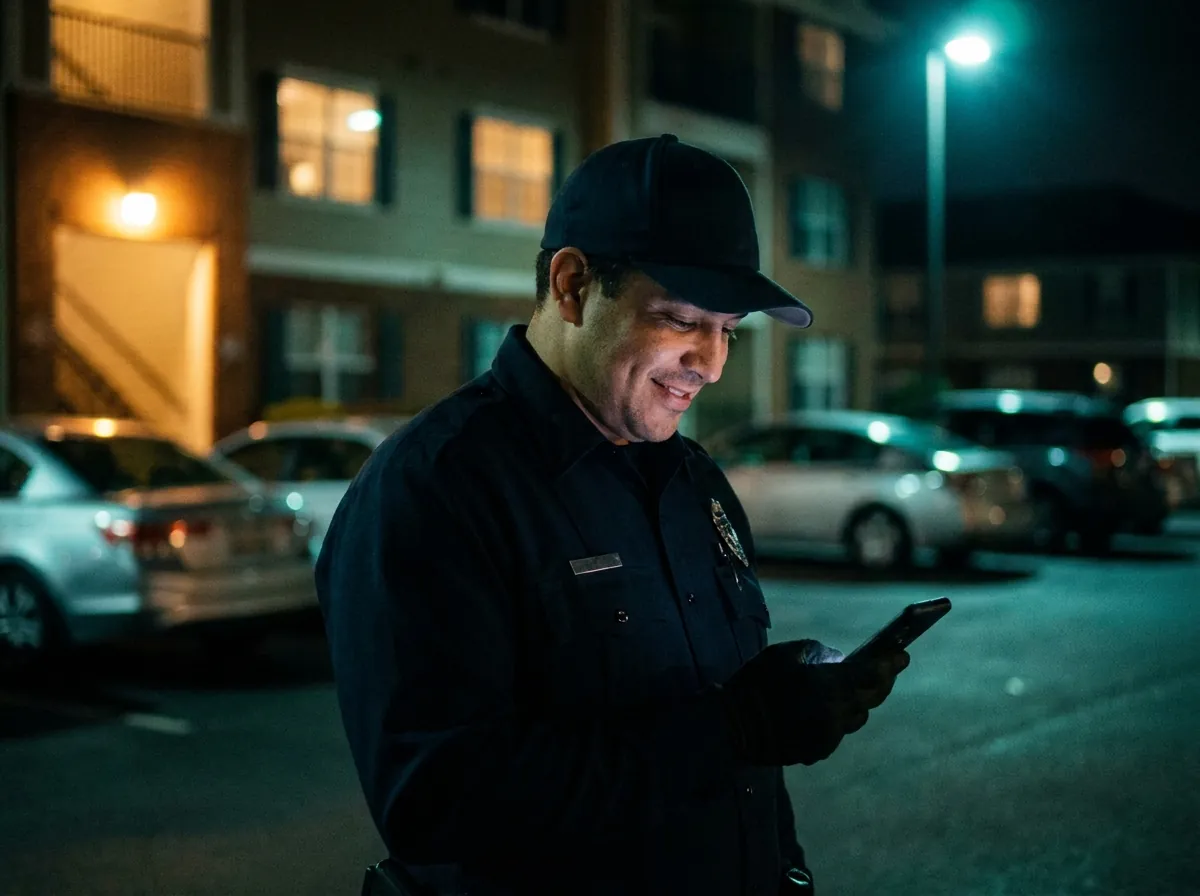Security officer checking a vehicle on a smartphone at night