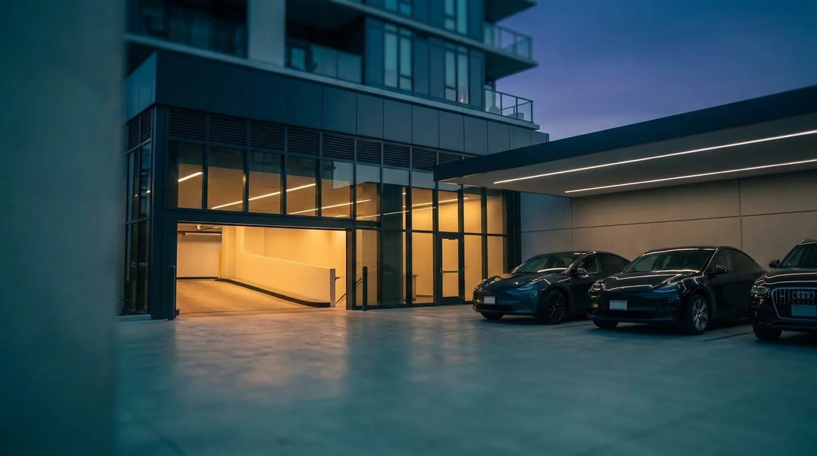 Modern apartment parking garage at dusk