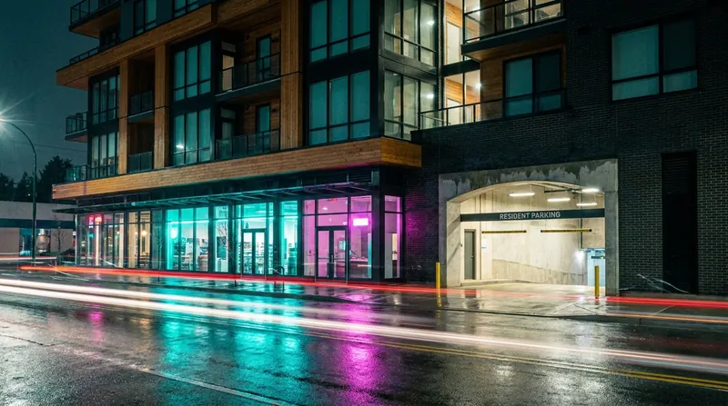 Apartment building with resident parking entrance at night
